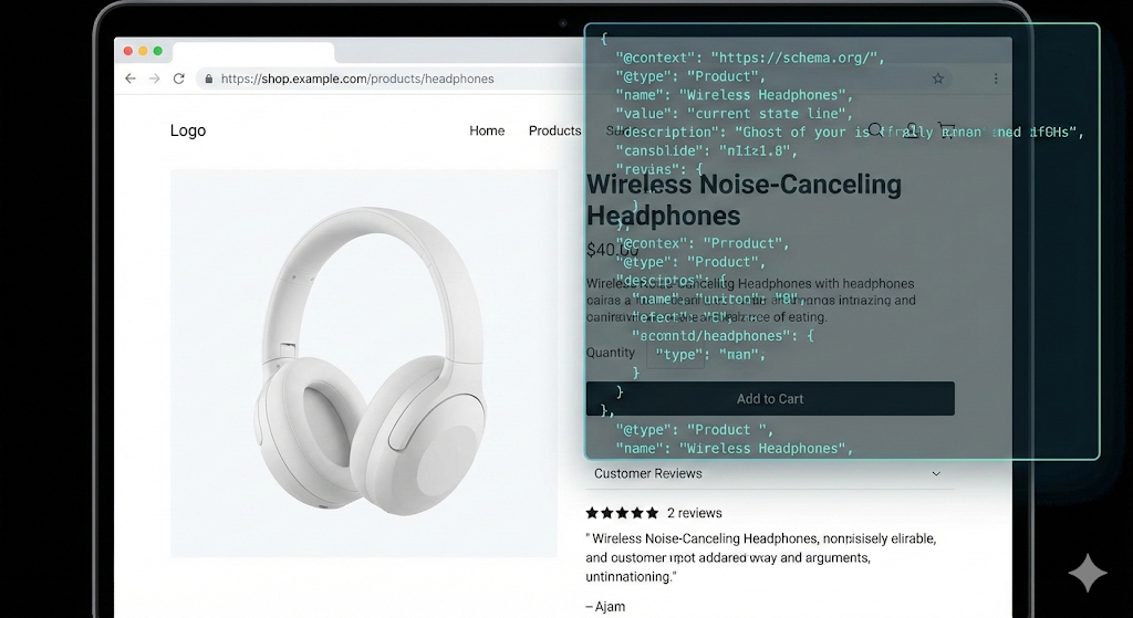 Structured data code overlay on ecommerce product page